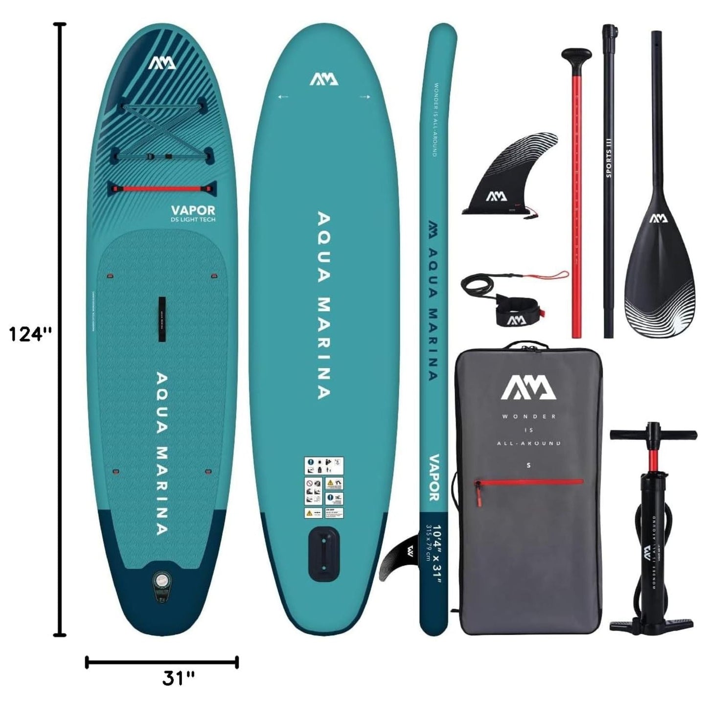 Aqua Marina Vapor Inflatable Paddle Board, Pump, Backpack, Leash, Light Blue