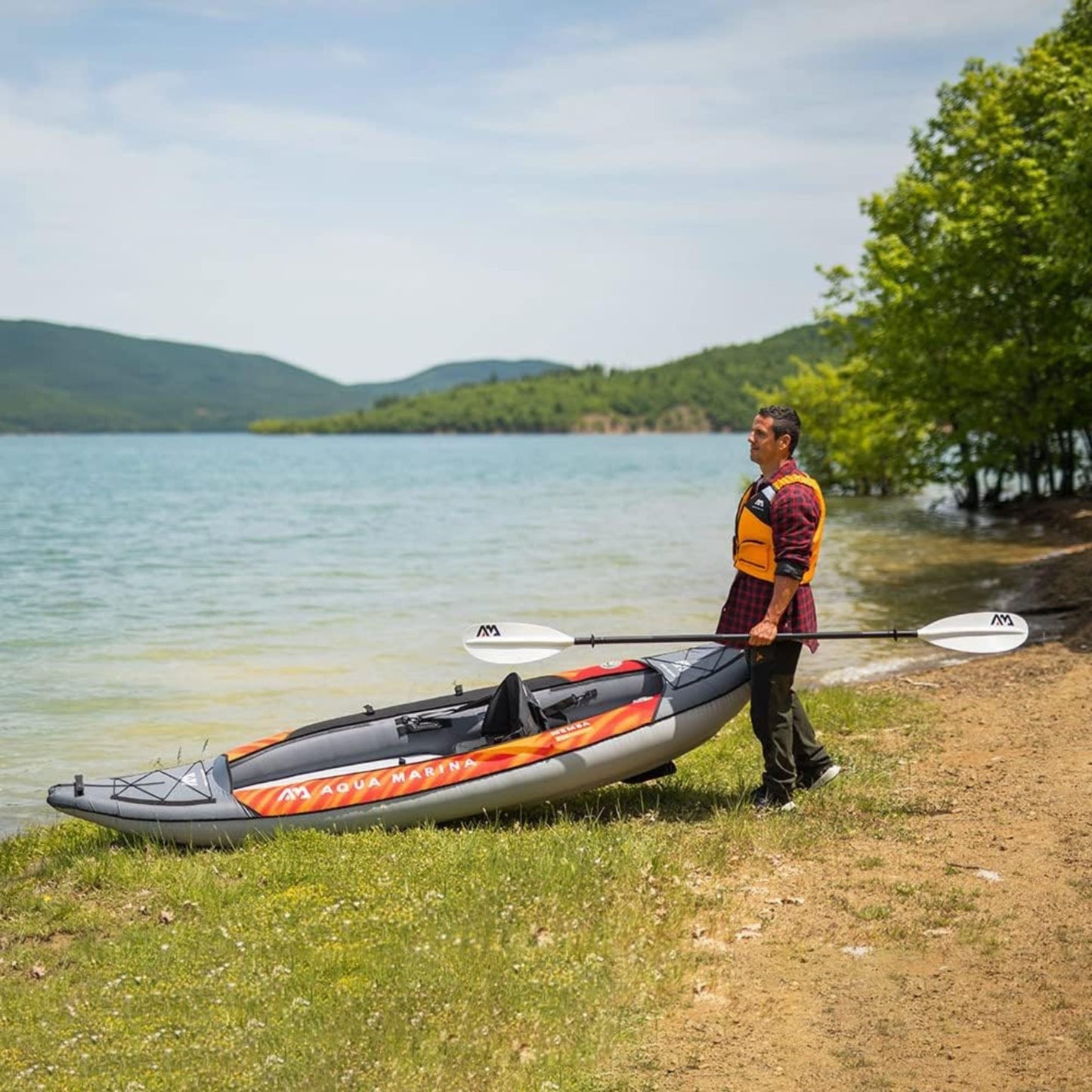 Aqua Marina Touring Inflatable Kayak and Paddle Pump, Seat & Bag, Black/Orange