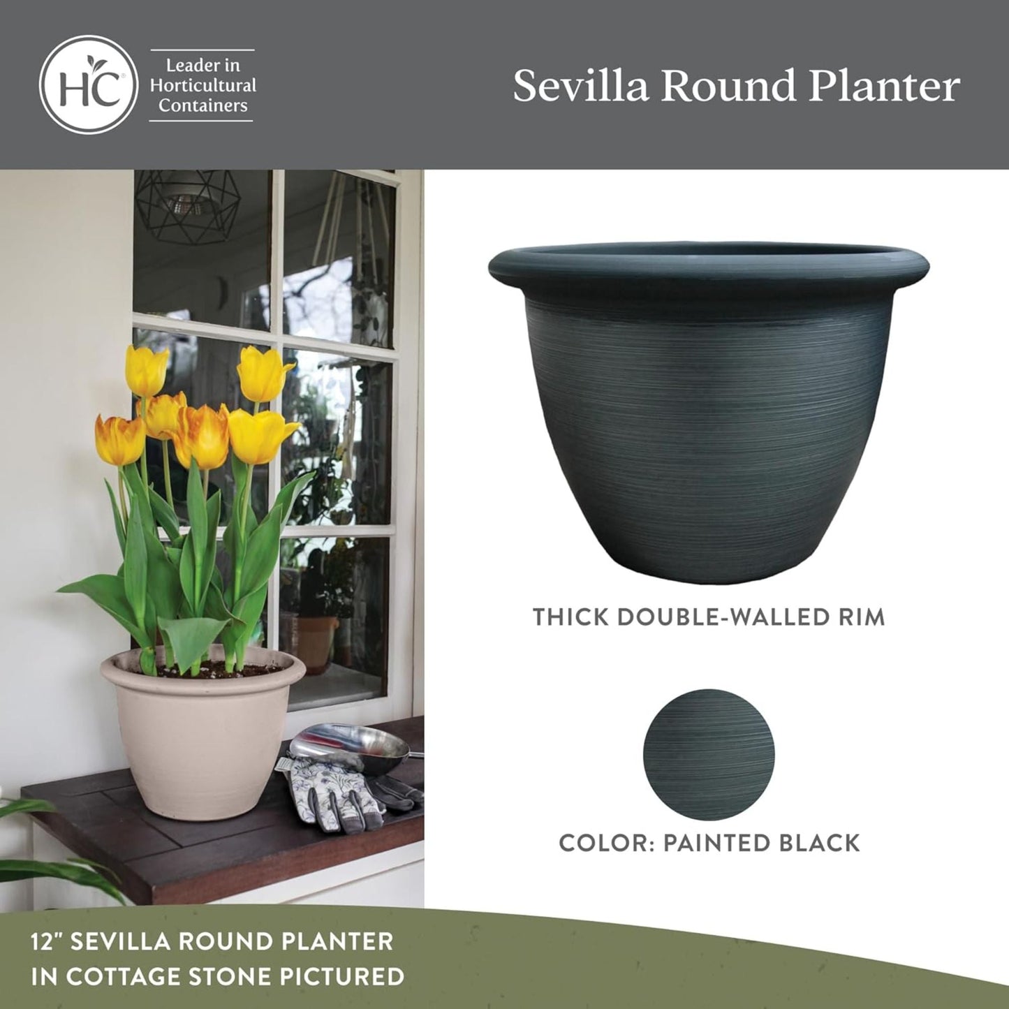 The HC Companies Sevilla Self-Watering Pot with Internal Disk 12", Painted Black