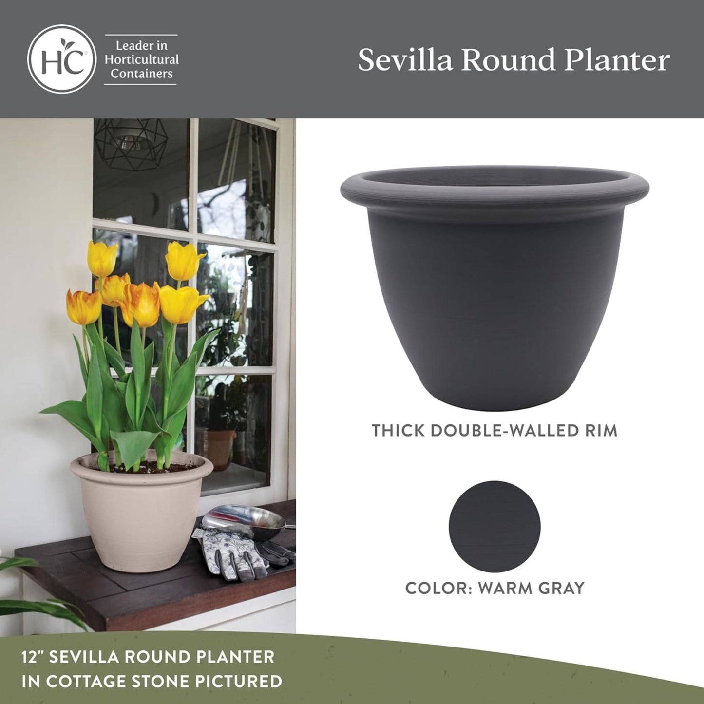 The HC Companies Sevilla Self-Watering Pot with Internal Disk 16 Inch, Warm Gray