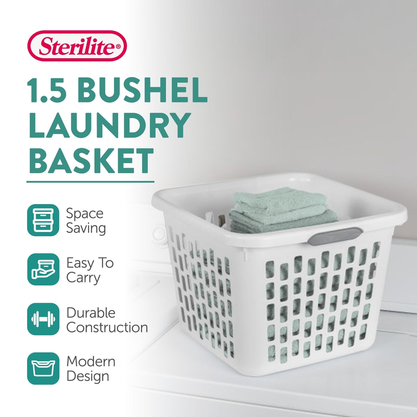 Sterilite Laundry Basket, 1.5 Bushel Plastic Hamper with Handles, White, 6 Pack