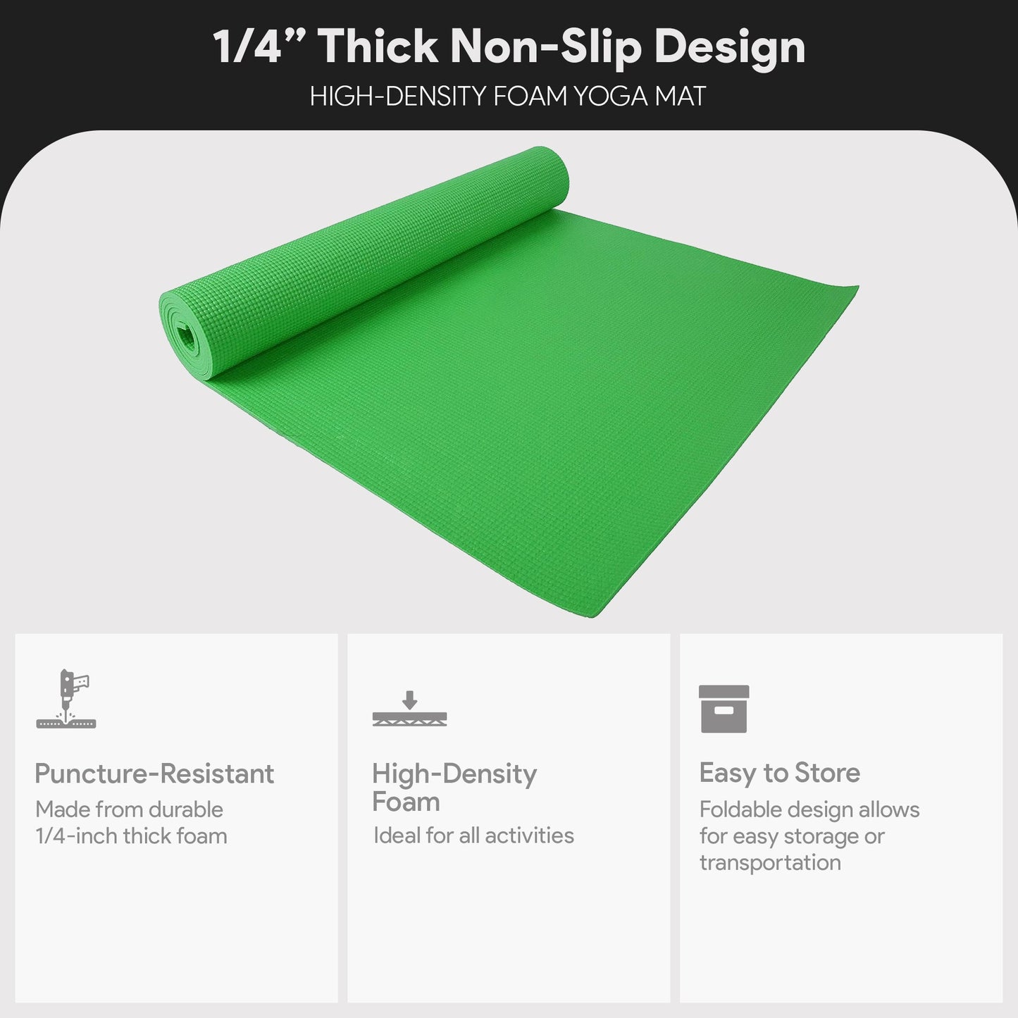 Fitvids 1/4” High Density Thick Non Slip Workout Yoga Mat and Carry Strap, Green