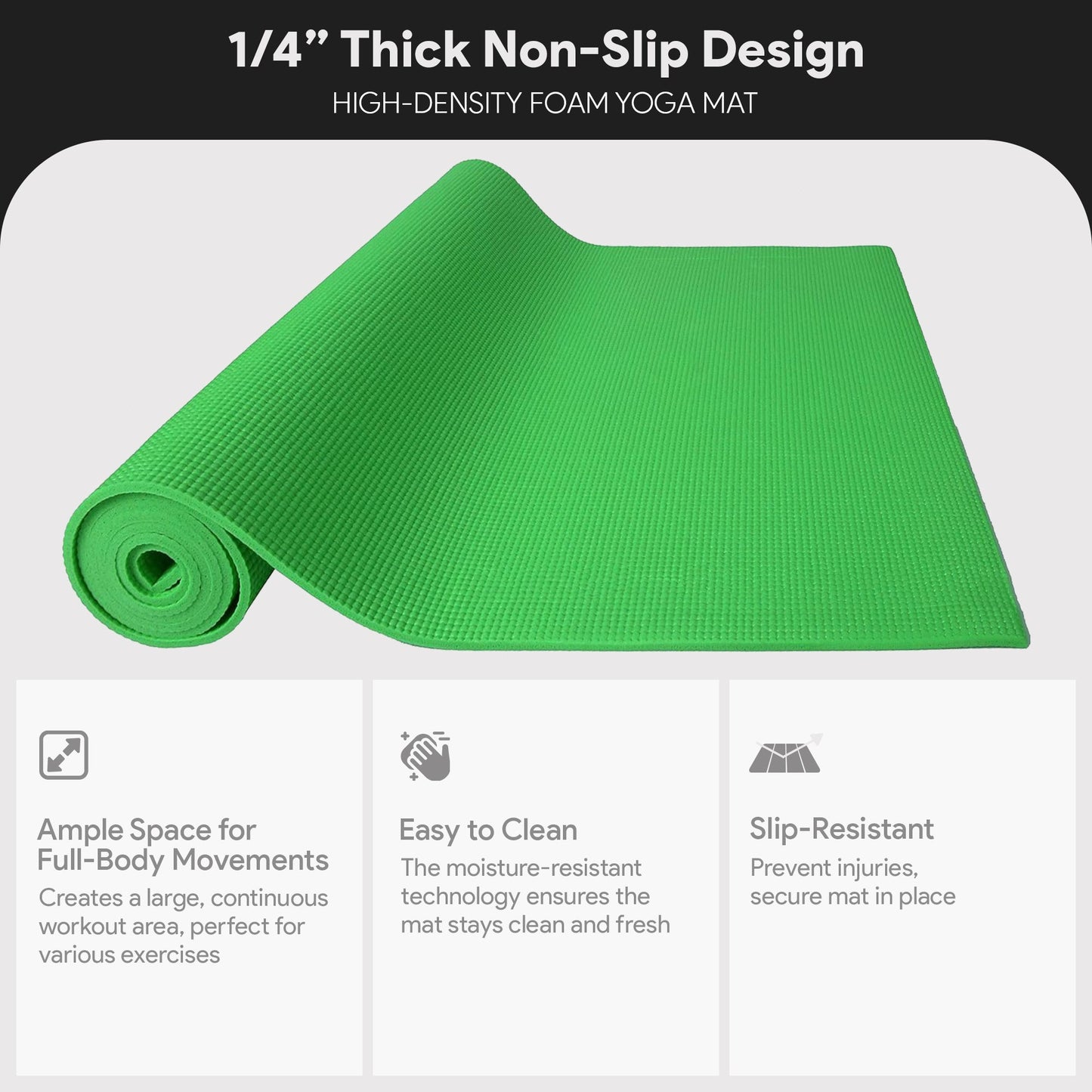Fitvids 1/4” High Density Thick Non Slip Workout Yoga Mat and Carry Strap, Green