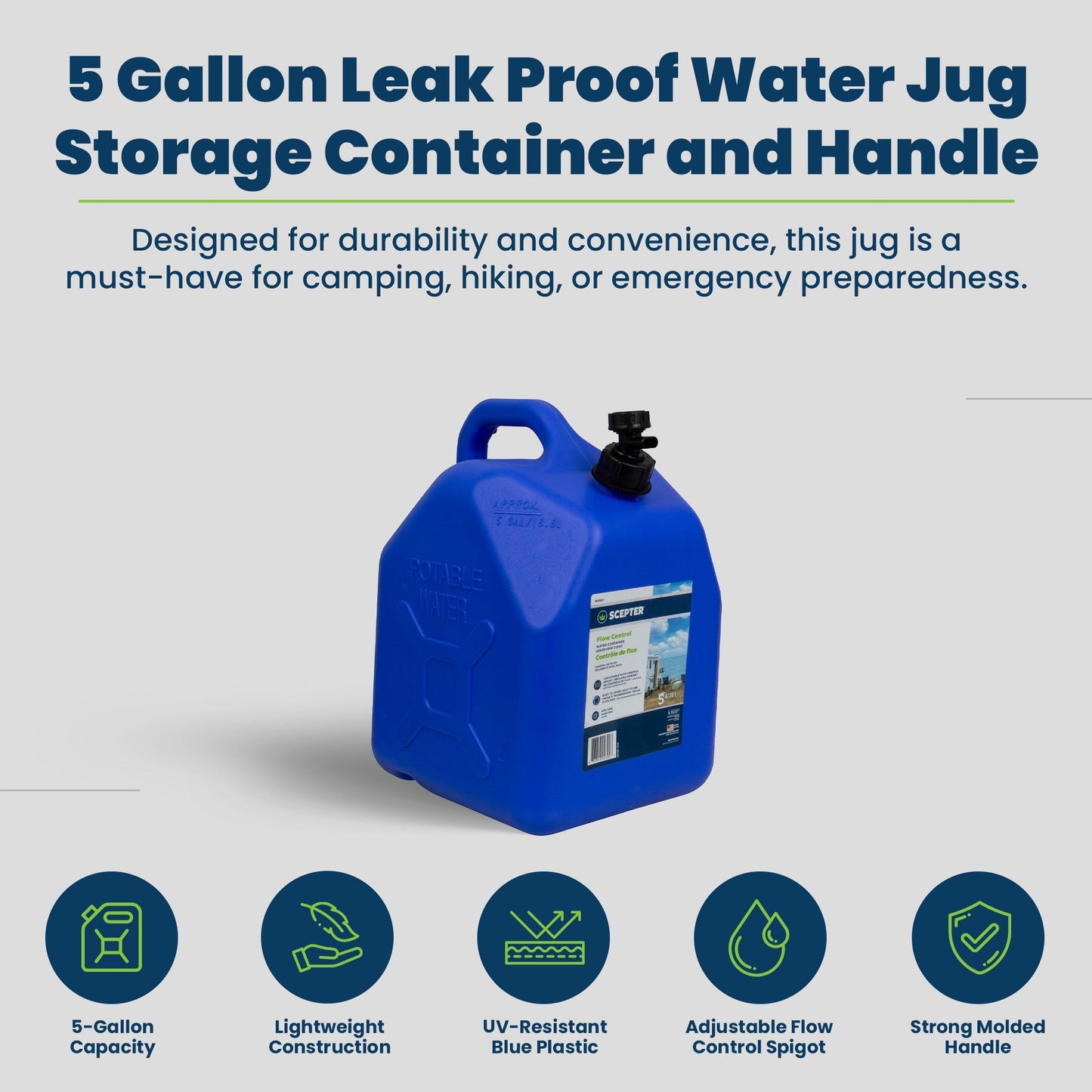 Scepter 5 Gallon Leak Proof Water Jug Storage Container & Handle, Spigot, 4 Pack