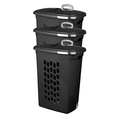 Sterilite Ultra Wheeled Laundry Hamper, Plastic Clothes Bin, Black, 3 Pack