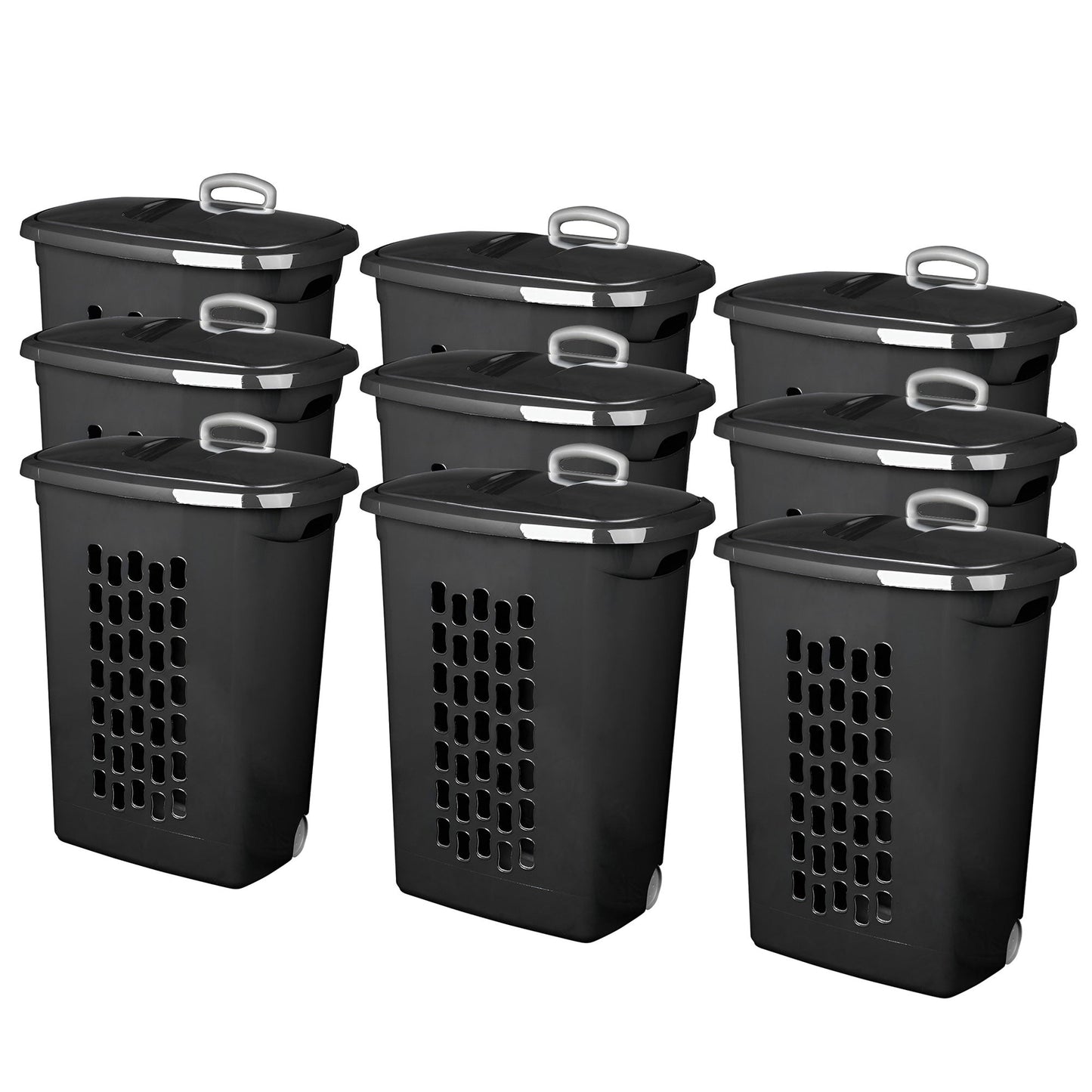 Sterilite Ultra Wheeled Laundry Hamper, Plastic Clothes Bin, Black, 9 Pack
