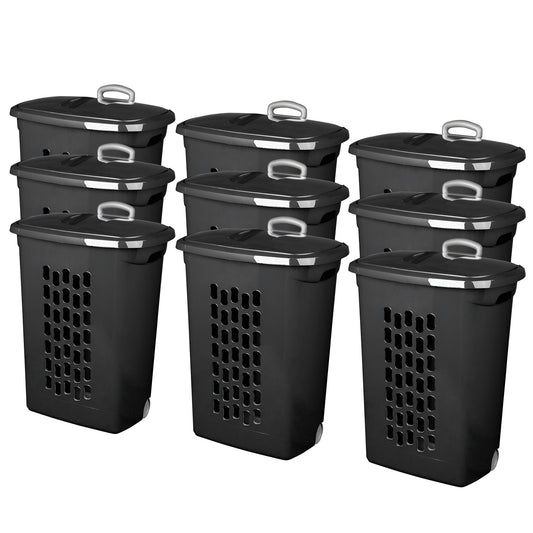 Sterilite Ultra Wheeled Laundry Hamper, Plastic Clothes Bin, Black, 9 Pack