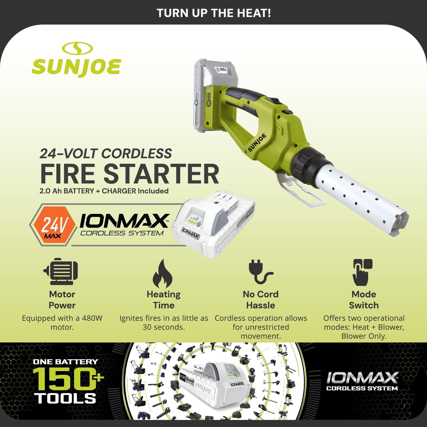 Sun Joe 24V Cordless Electric Fire Starter for Charcoal BBQ Grills, 24V-BBQ-LTE