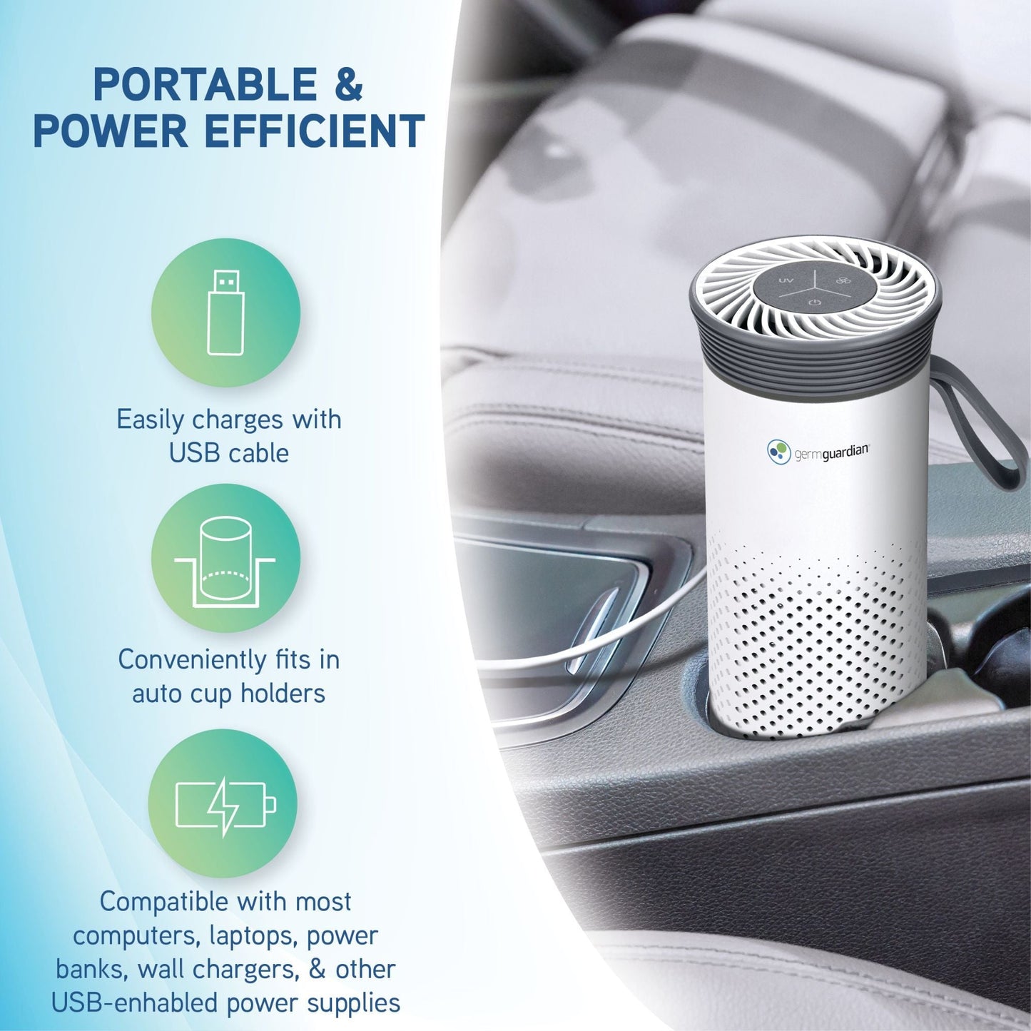 GermGuardian Portable Air Purifier for Small Spaces, USB Cable, 7” White, AC085