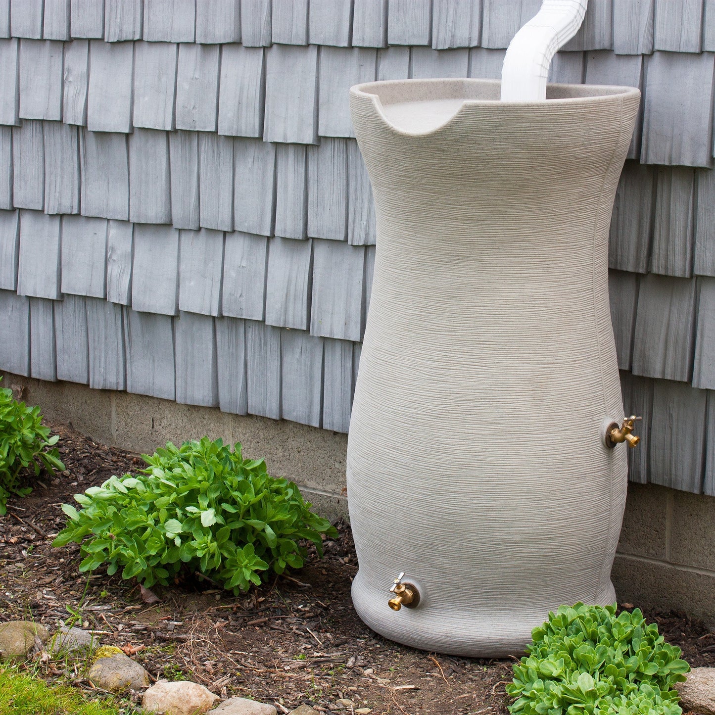 Good Ideas Impressions 50 Gal Corsican Rain Saver Barrel, 2 Spigots, Sandstone