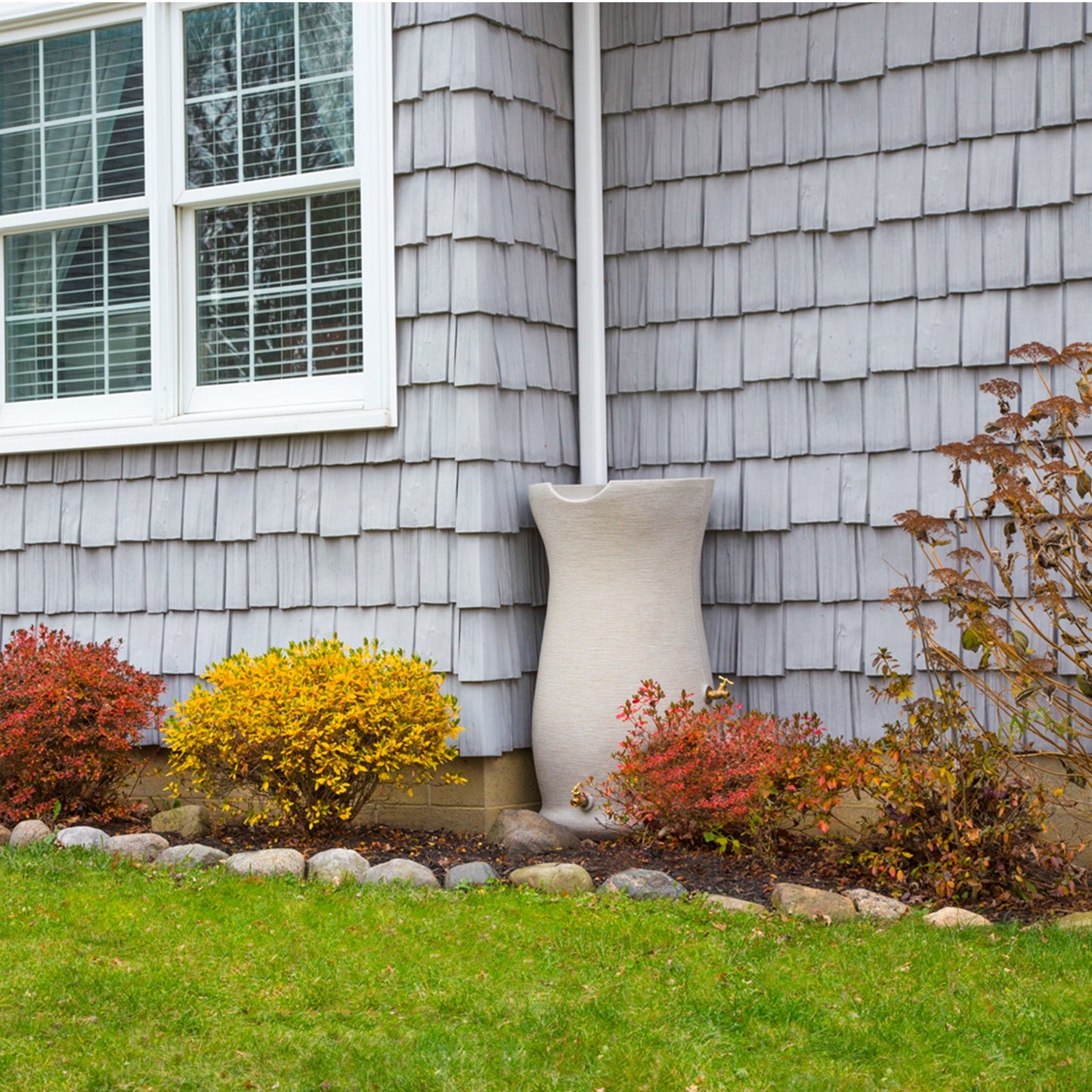 Good Ideas Impressions 50 Gal Corsican Rain Saver Barrel, 2 Spigots, Sandstone