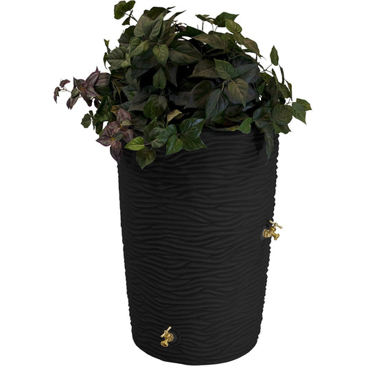 Good Ideas Impressions 50 Gallon Palm Trunk Rain Saver Barrel, 2 Spigots, Black