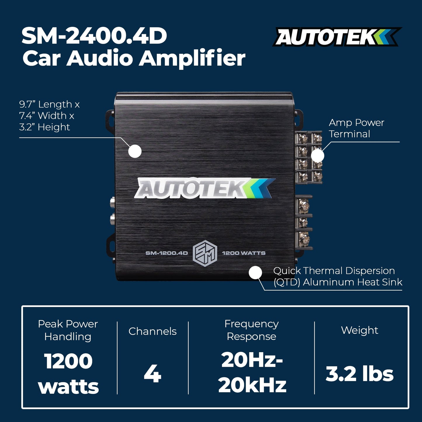 Autotek 1200W 4 Channel Car Audio Amplifier Bass Knob, Street Machine SM-1200.4D - Find Fresh Goods
