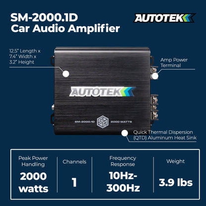 Autotek 2000W 1 Channel Car Audio Amplifier, Bass Knob, Street Machine SM-2000.1 - Find Fresh Goods