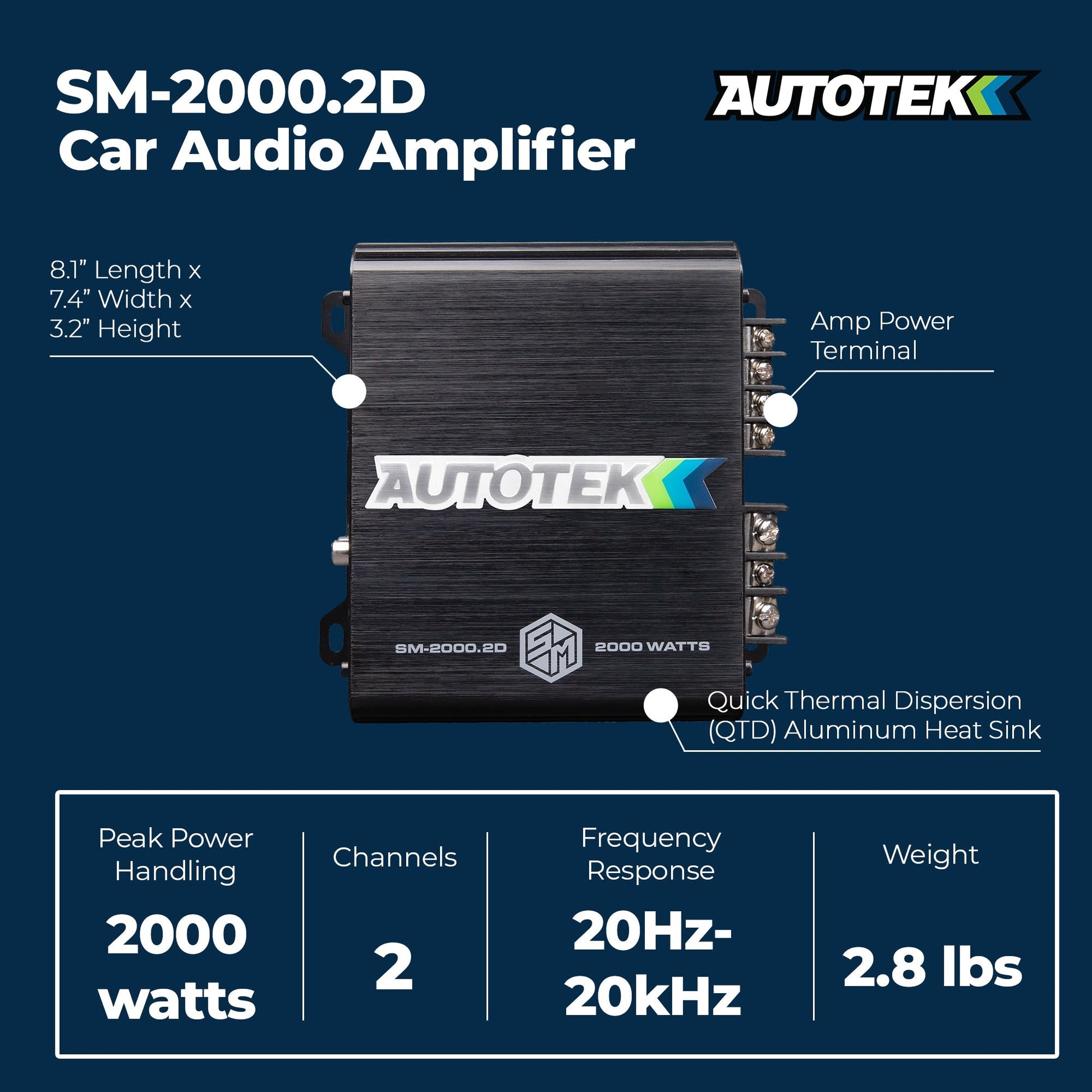 Autotek 2000W 2 Channel Car Audio Amplifier Bass Knob, Street Machine SM-2000.2D - Find Fresh Goods