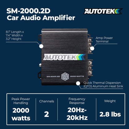 Autotek 2000W 2 Channel Car Audio Amplifier Bass Knob, Street Machine SM-2000.2D - Find Fresh Goods