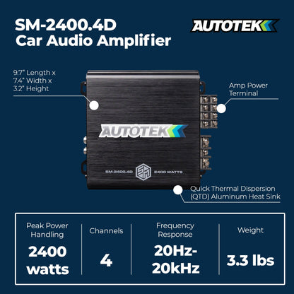 Autotek 2400W 4 Channel Car Audio Amplifier Bass Knob, Street Machine SM-2400.4D - Find Fresh Goods