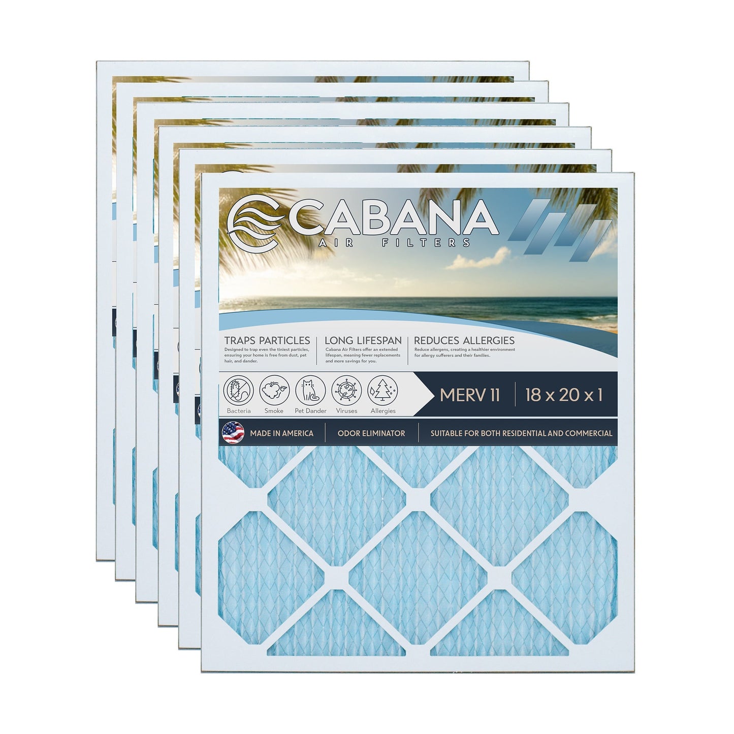 Cabana Air Filters 6 Pack HVAC Furnace Air Filters, MERV 11, 18 x 20 x 1, White