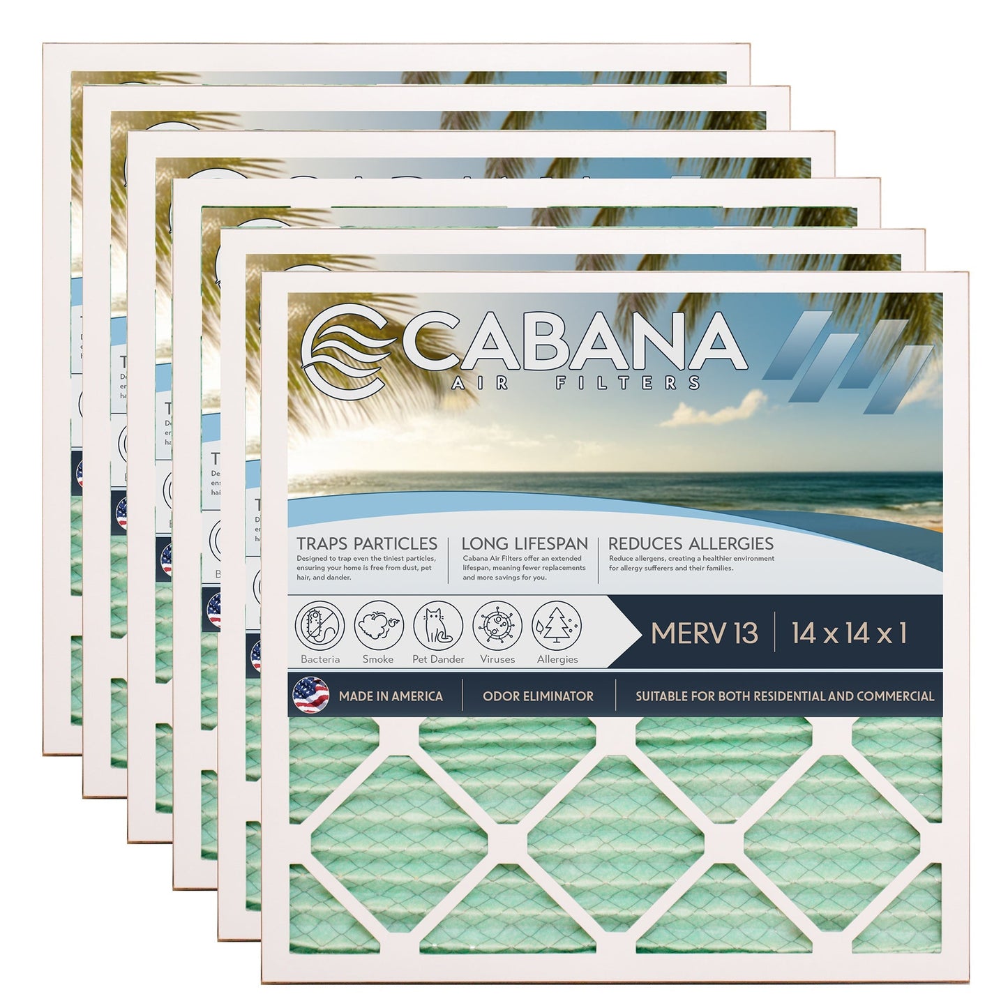 Cabana Air Filters 6 Pack HVAC Furnace Air Filters, MERV 13, 14 x 14 x 1, White