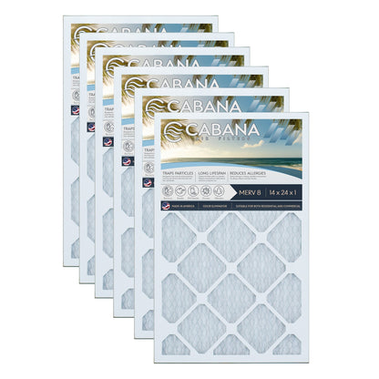 Cabana Air Filters 6 Pack HVAC Furnace Air Filters, MERV 8, 14 x 24 x 1, White