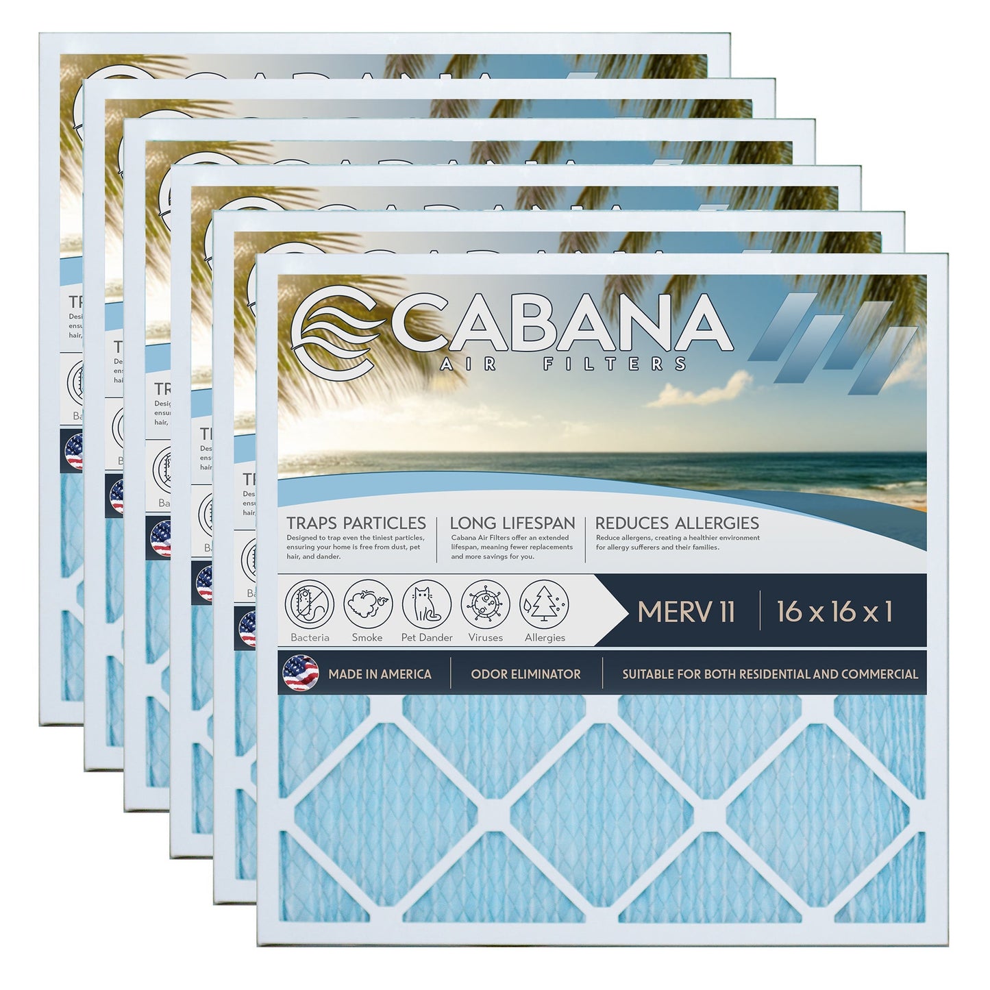 Cabana Air Filters 6 Pack HVAC Furnace Air Filters, MERV 11, 16 x 16 x 1, White