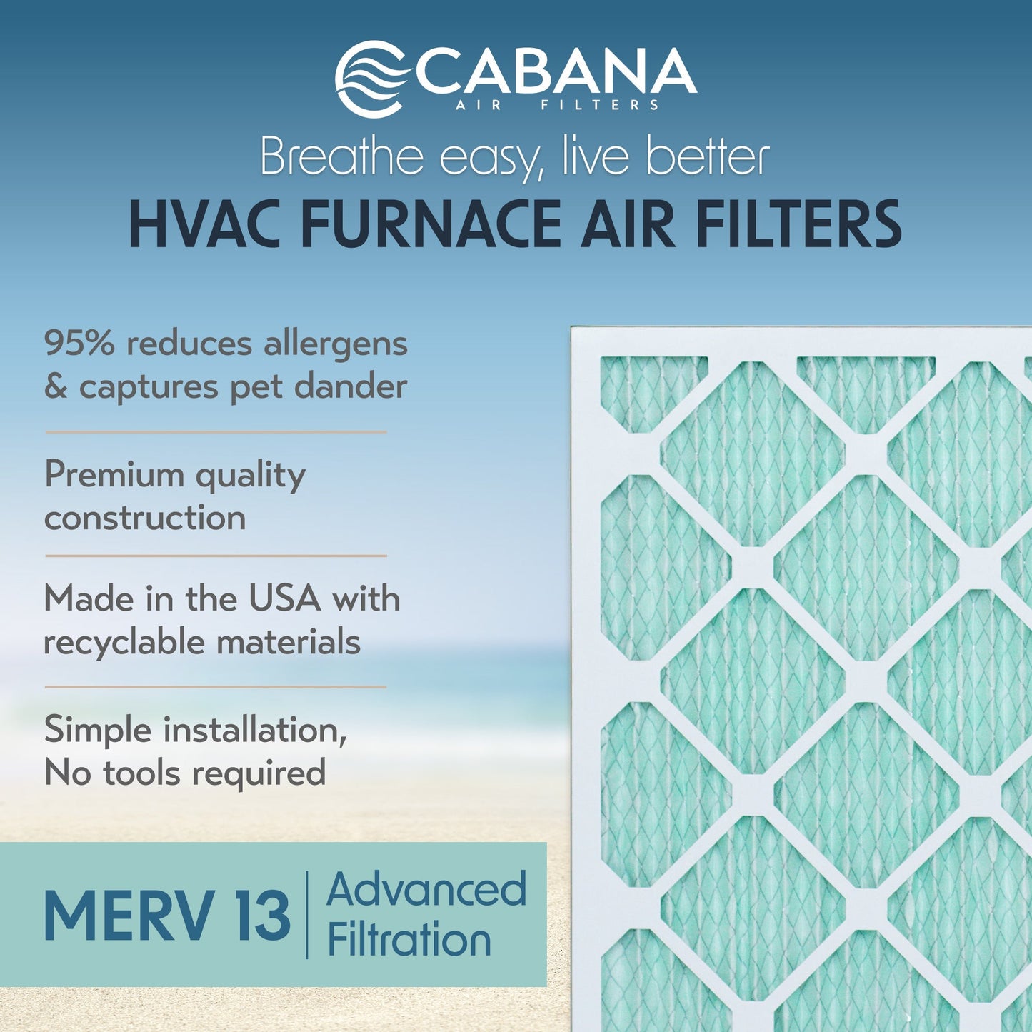 Cabana Air Filters 6 Pack HVAC Furnace Air Filters, MERV 13, 16 x 16 x 1, White