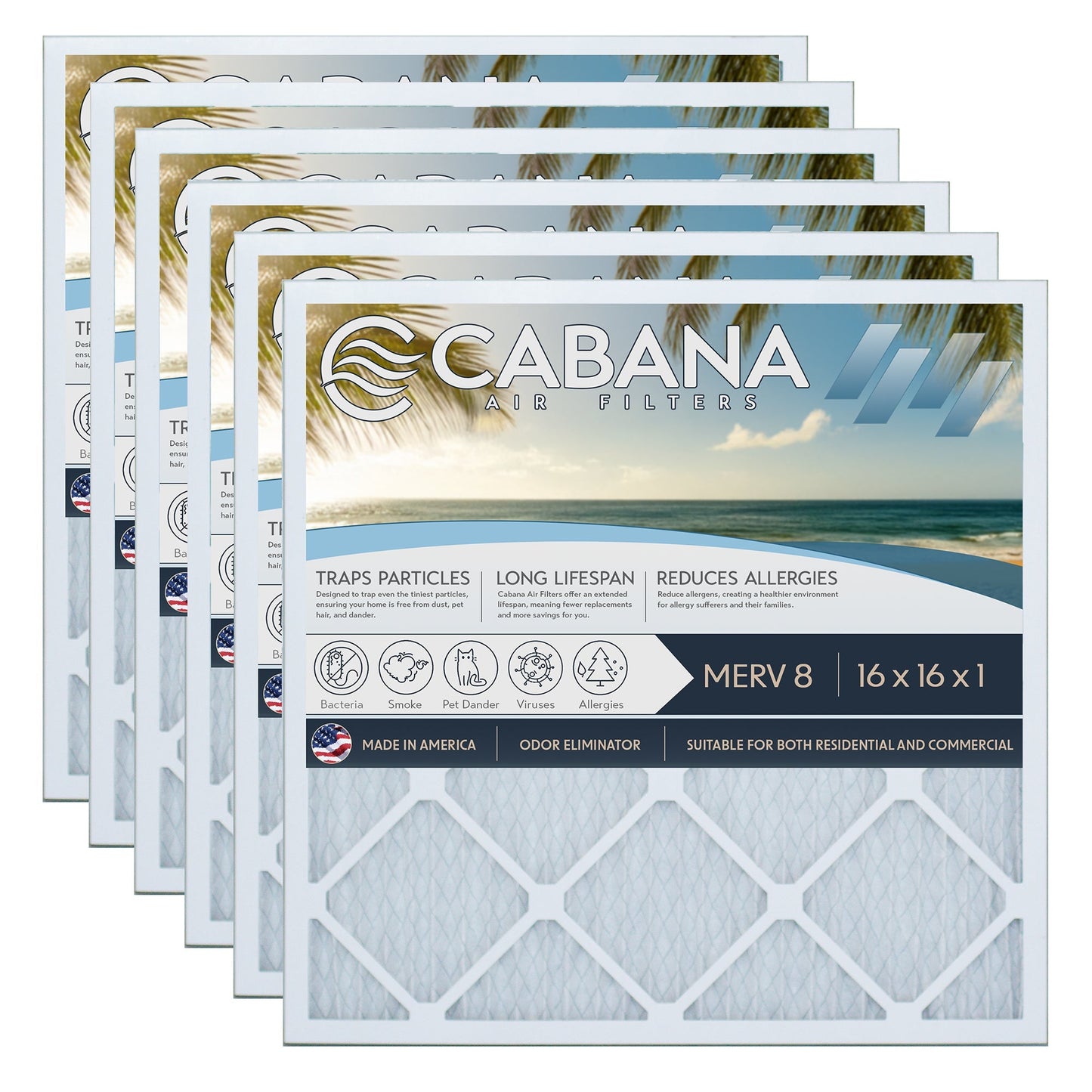 Cabana Air Filters 6 Pack HVAC Furnace Air Filters, MERV 8, 16 x 16 x 1, White