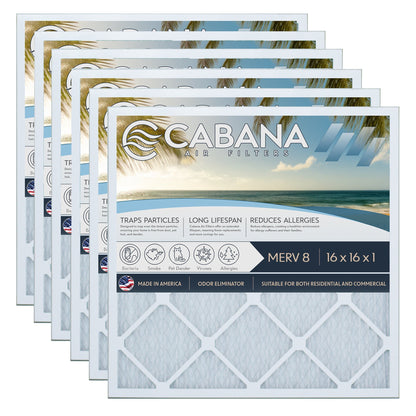 Cabana Air Filters 6 Pack HVAC Furnace Air Filters, MERV 8, 16 x 16 x 1, White