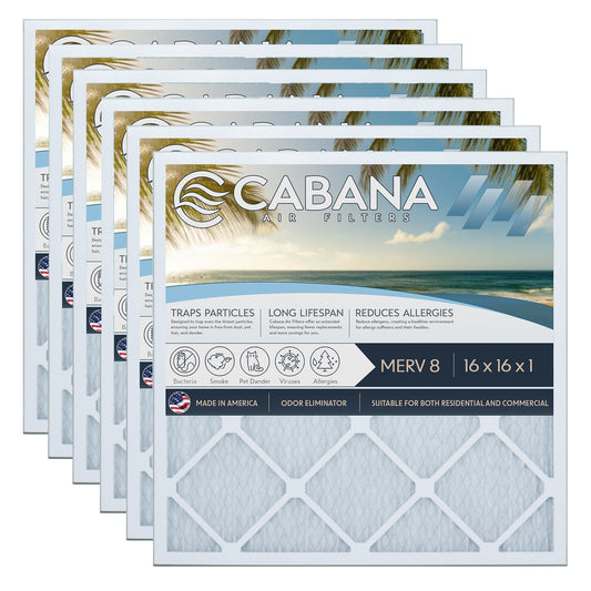 Cabana Air Filters 6 Pack HVAC Furnace Air Filters, MERV 8, 16 x 16 x 1, White