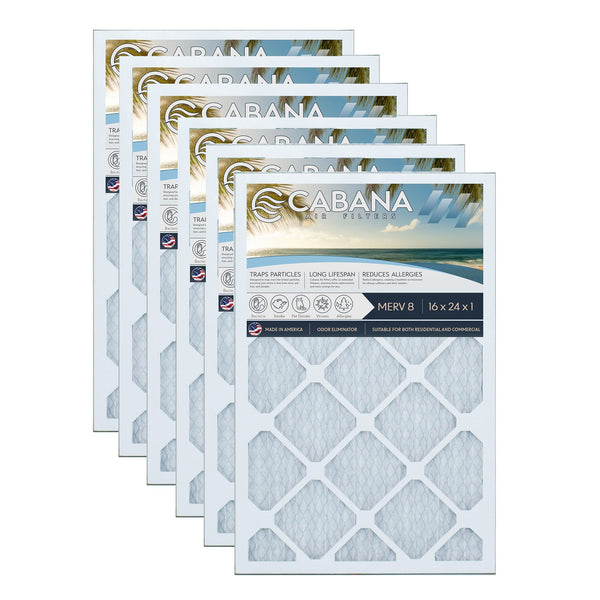 Cabana Air Filters 6 Pack HVAC Furnace Air Filters, MERV 8, 16 x 24 x 1, White