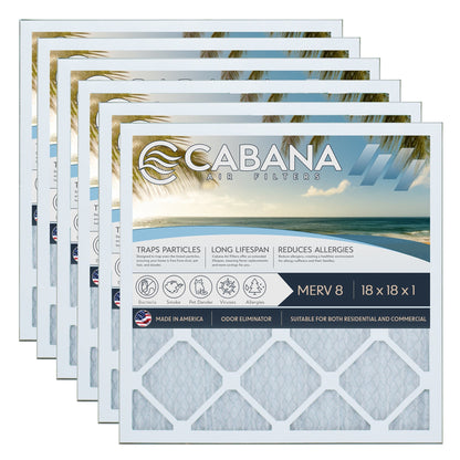 Cabana Air Filters 6 Pack HVAC Furnace Air Filters, MERV 8, 18 x 18 x 1, White