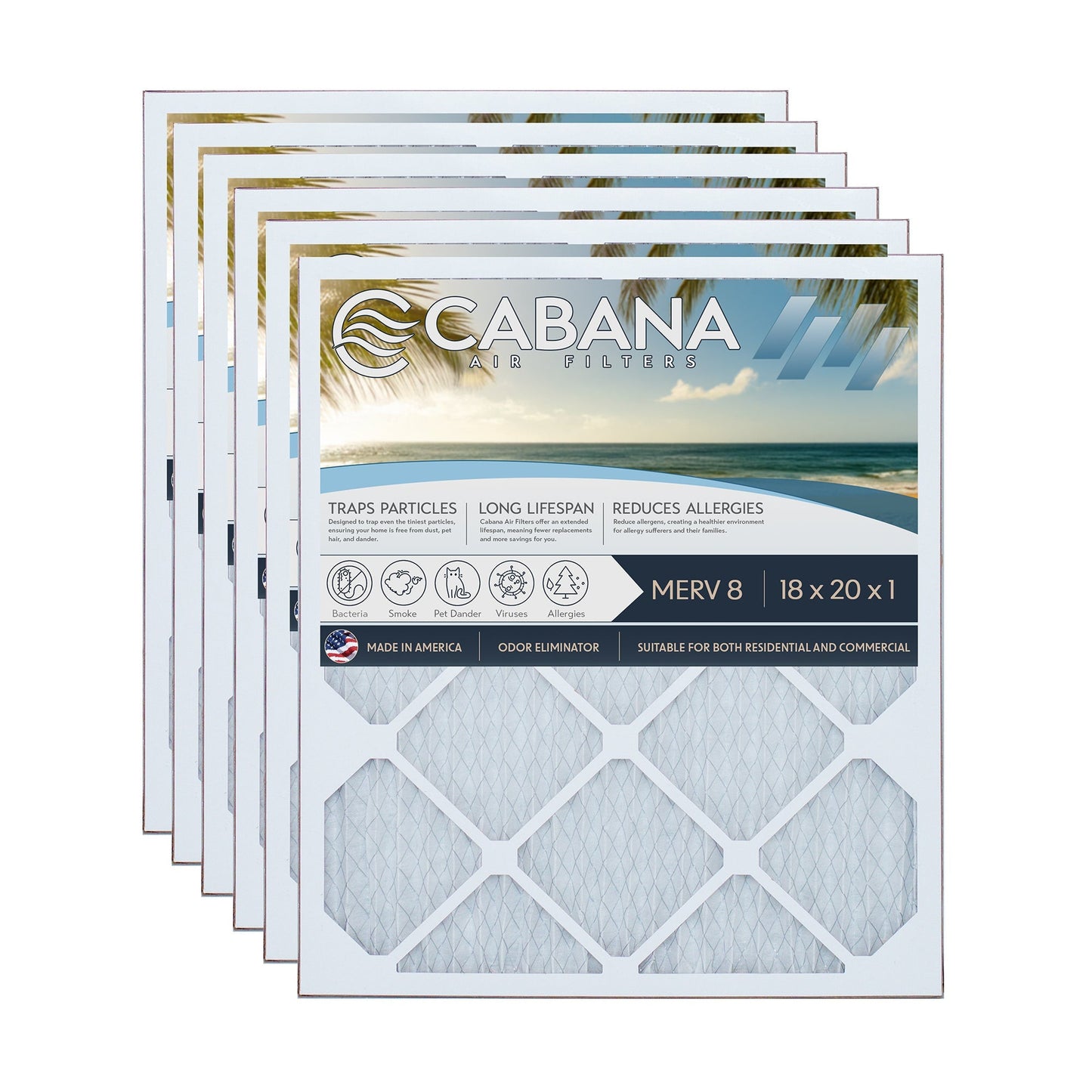 Cabana Air Filters 6 Pack HVAC Furnace Air Filters, MERV 8, 18 x 20 x 1, White