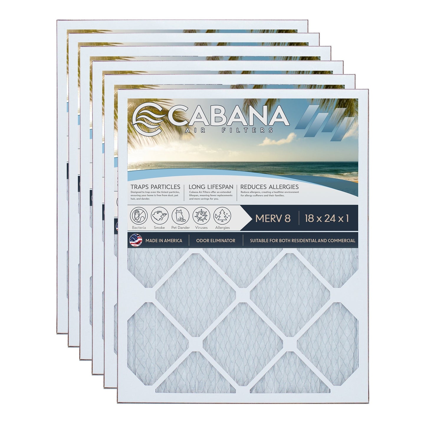 Cabana Air Filters 6 Pack HVAC Furnace Air Filters, MERV 8, 18 x 24 x 1, White