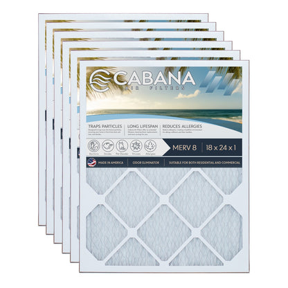 Cabana Air Filters 6 Pack HVAC Furnace Air Filters, MERV 8, 18 x 24 x 1, White