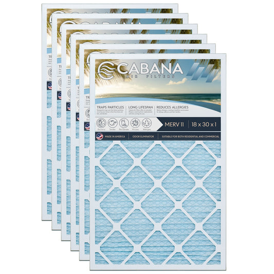 Cabana Air Filters 6 Pack HVAC Furnace Air Filters, MERV 11, 18 x 30 x 1, White