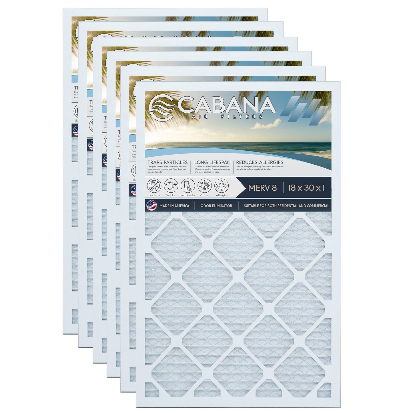 Cabana Air Filters 6 Pack HVAC Furnace Air Filters, MERV 8, 18 x 30 x 1, White