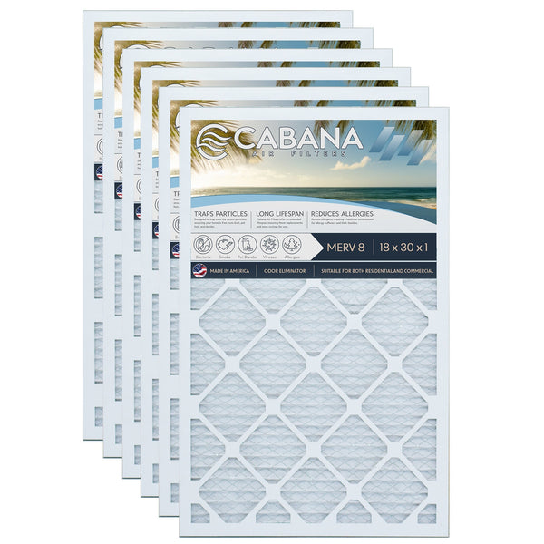 Cabana Air Filters 6 Pack HVAC Furnace Air Filters, MERV 8, 18 x 30 x 1, White