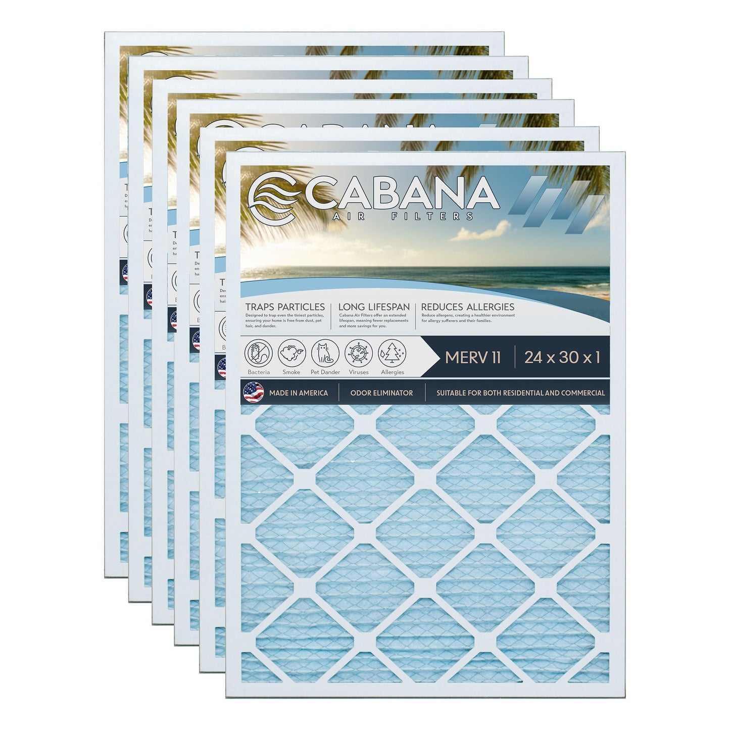 Cabana Air Filters 6 Pack HVAC Furnace Air Filters, MERV 11, 24 x 30 x 1, White