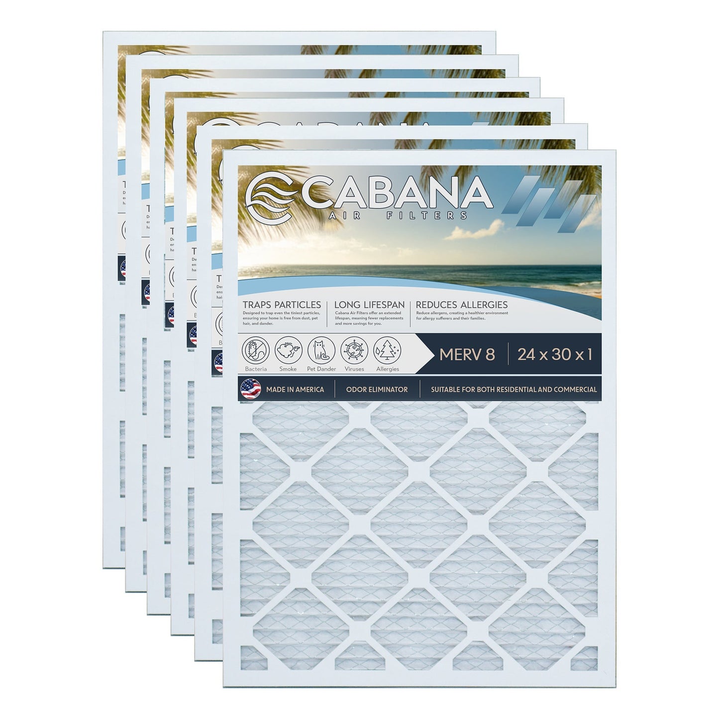 Cabana Air Filters 6 Pack HVAC Furnace Air Filters, MERV 8, 24 x 30 x 1, White