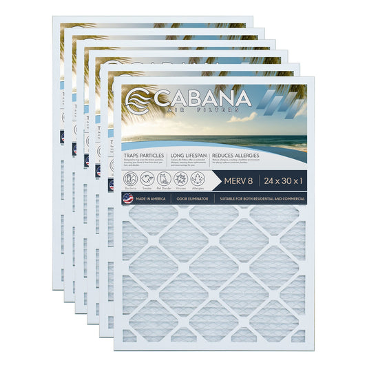 Cabana Air Filters 6 Pack HVAC Furnace Air Filters, MERV 8, 24 x 30 x 1, White