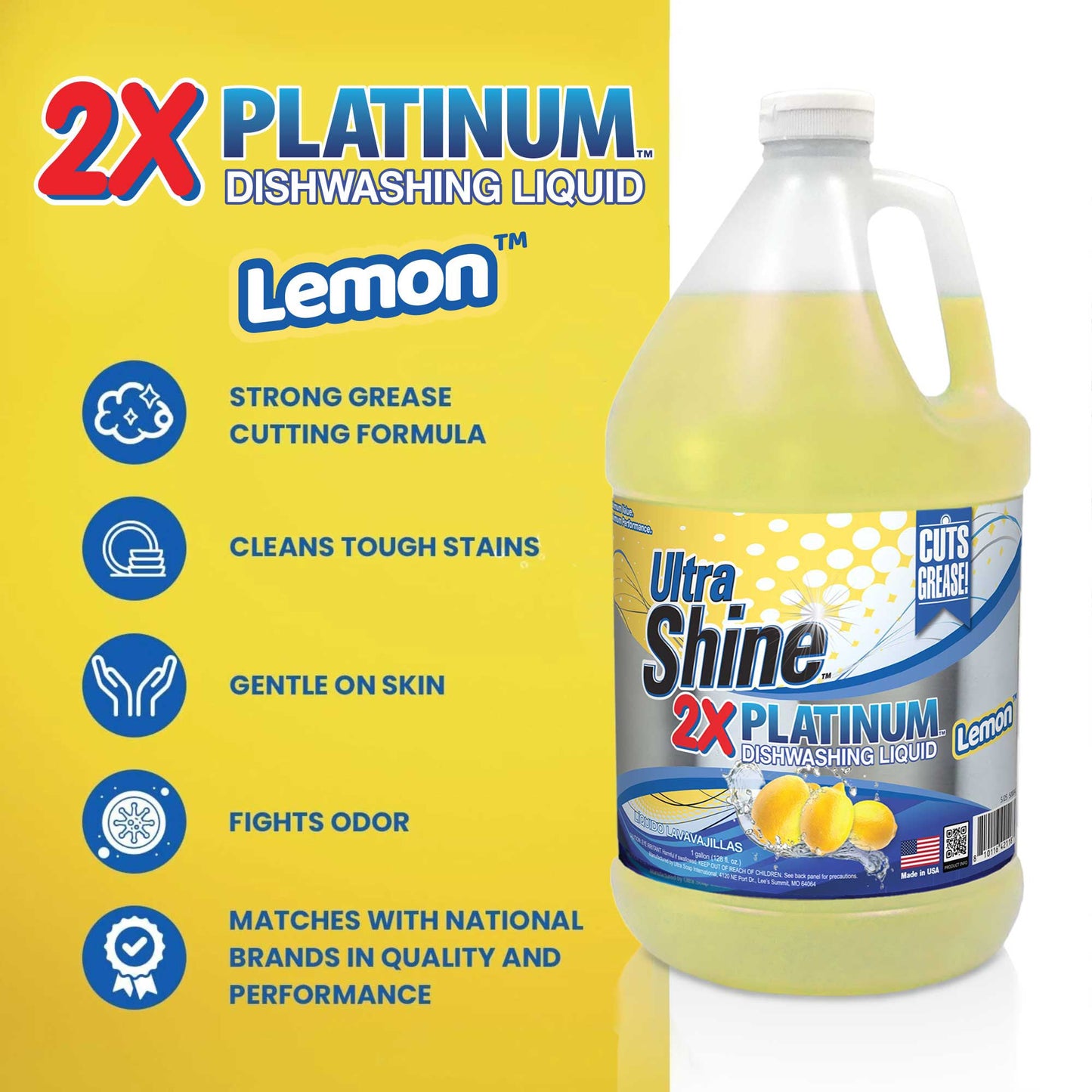 Ultra Shine ™ 4 Pack 2X Platinum™ Dish Cleaning Liquid, Lemon, 1 Gallon, Yellow