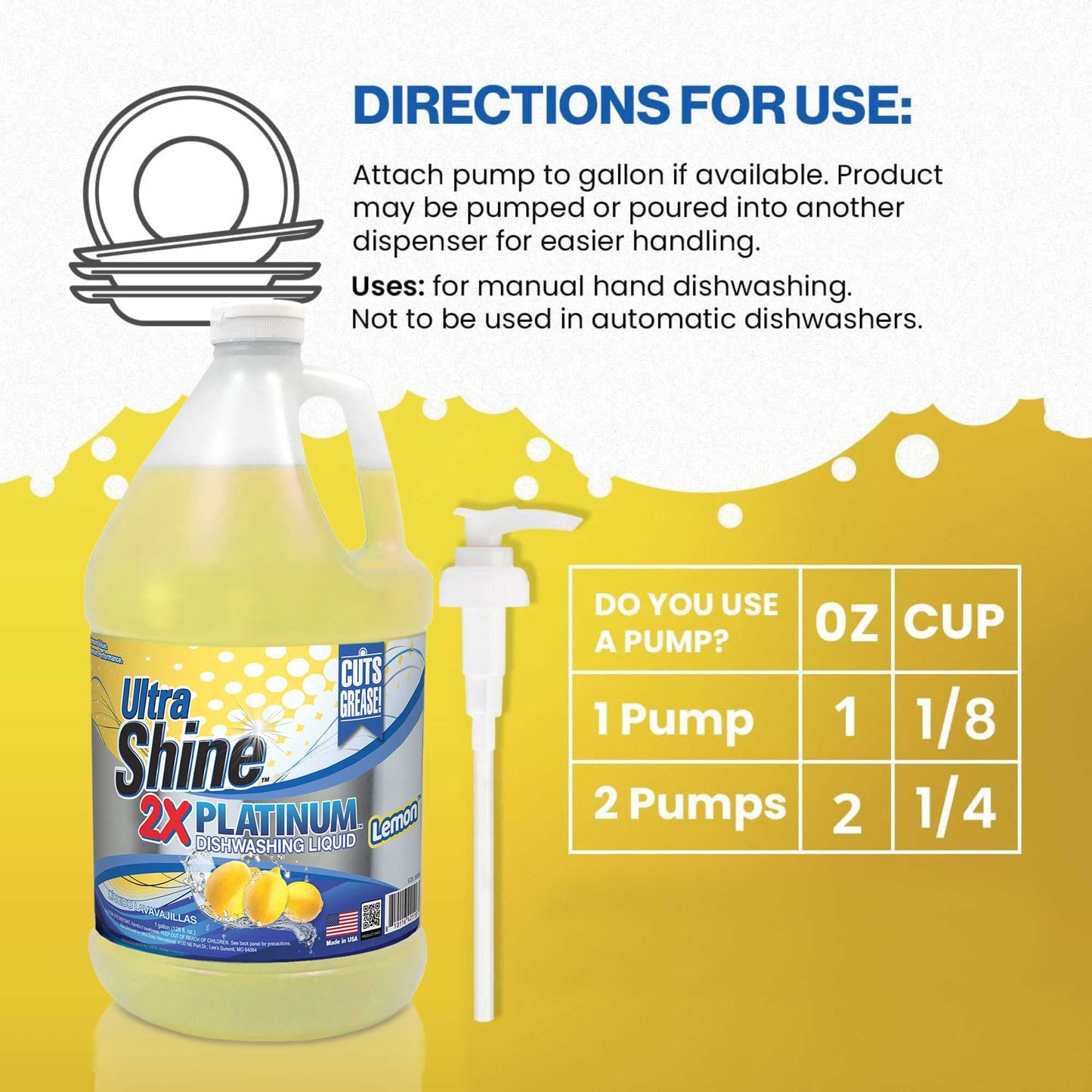 Ultra Shine ™ 4 Pack 2X Platinum™ Dish Cleaning Liquid, Lemon, 1 Gallon, Yellow