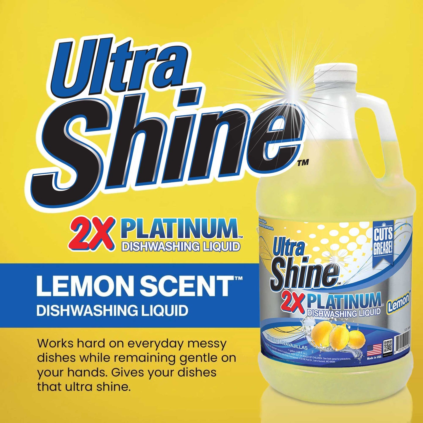 Ultra Shine ™ 4 Pack 2X Platinum™ Dish Cleaning Liquid, Lemon, 1 Gallon, Yellow