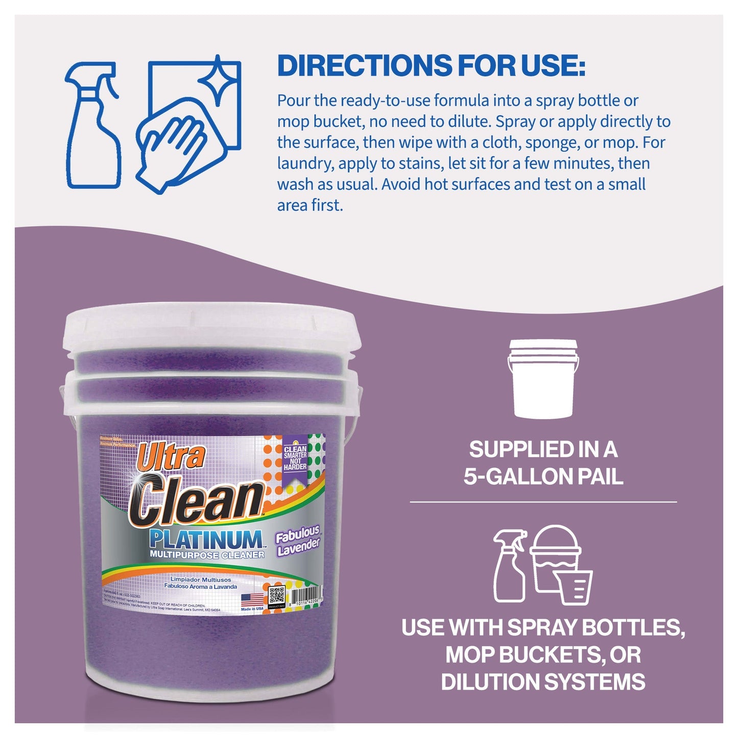 Ultra Clean Platinum Multipurpose Cleaner, Non-Abrasive, Lavender, 5 Gallons