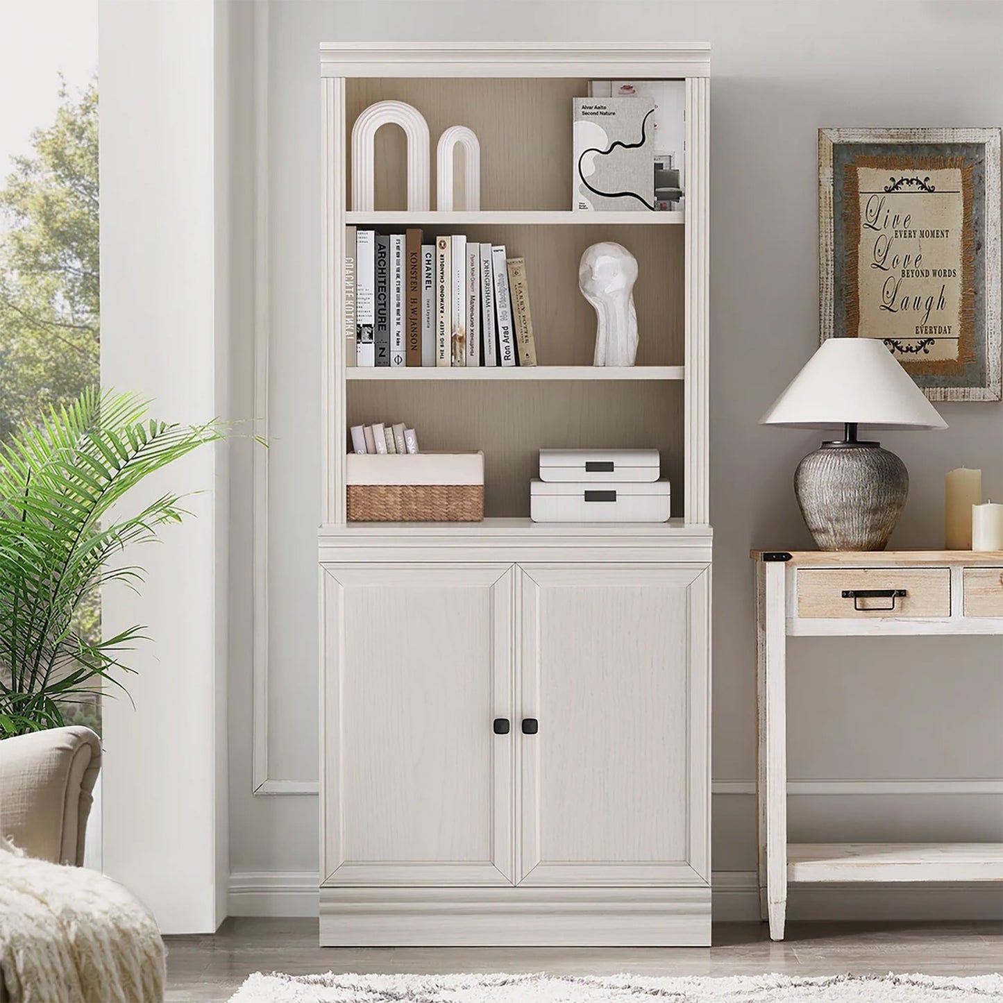 VAUXHILL & CO. Halston Multi-Depth Bookcase, Adjustable Shelving Unit, Doors, Cream