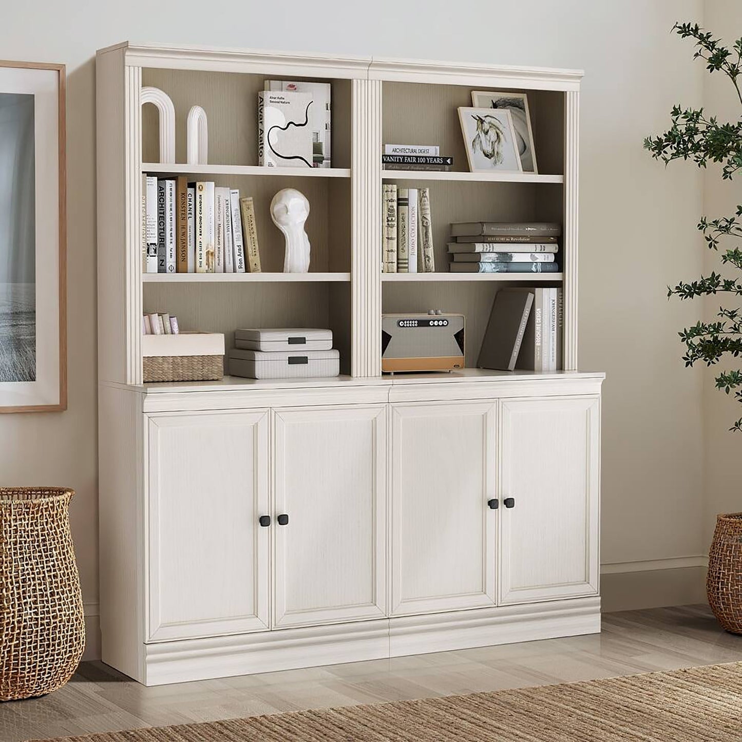 VAUXHILL & CO. Halston Multi-Depth Bookcase, Adjustable Shelving Unit, Doors, Cream