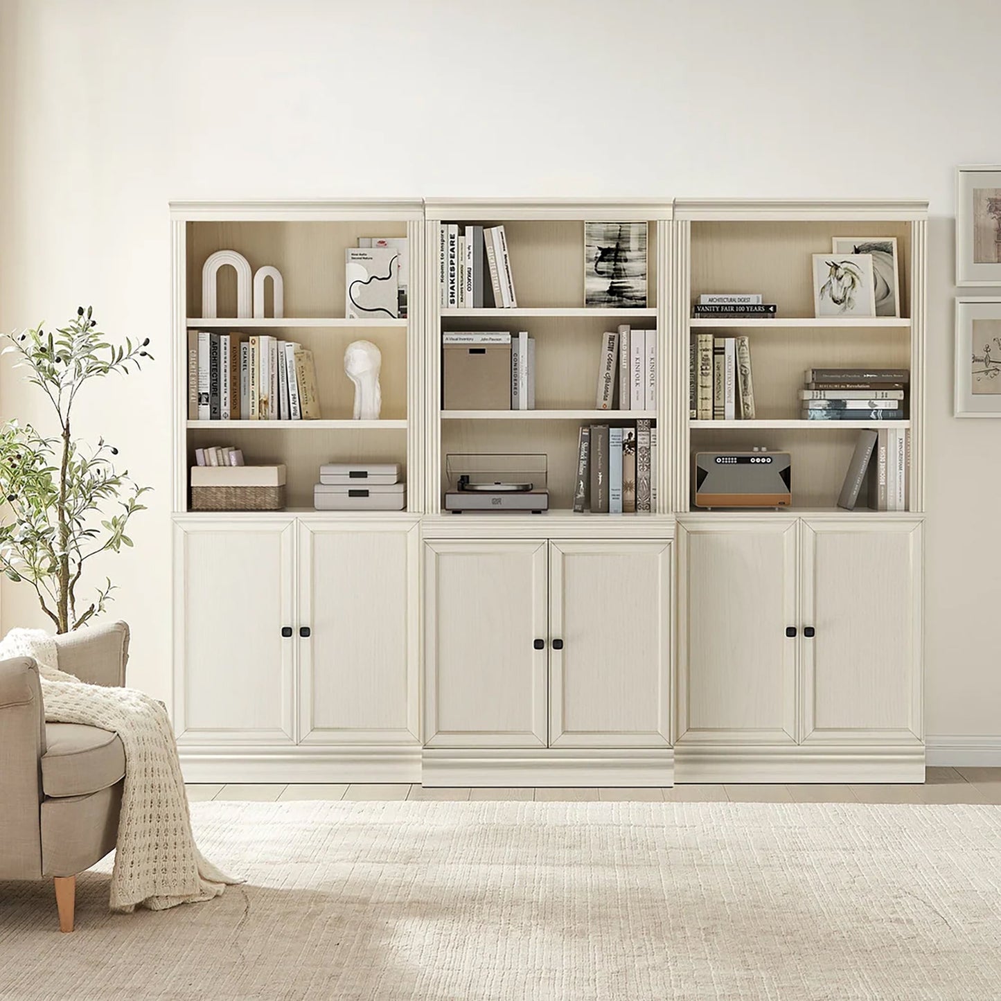 VAUXHILL & CO. Halston Multi-Depth Bookcase, Adjustable Shelving Unit, Doors, Cream