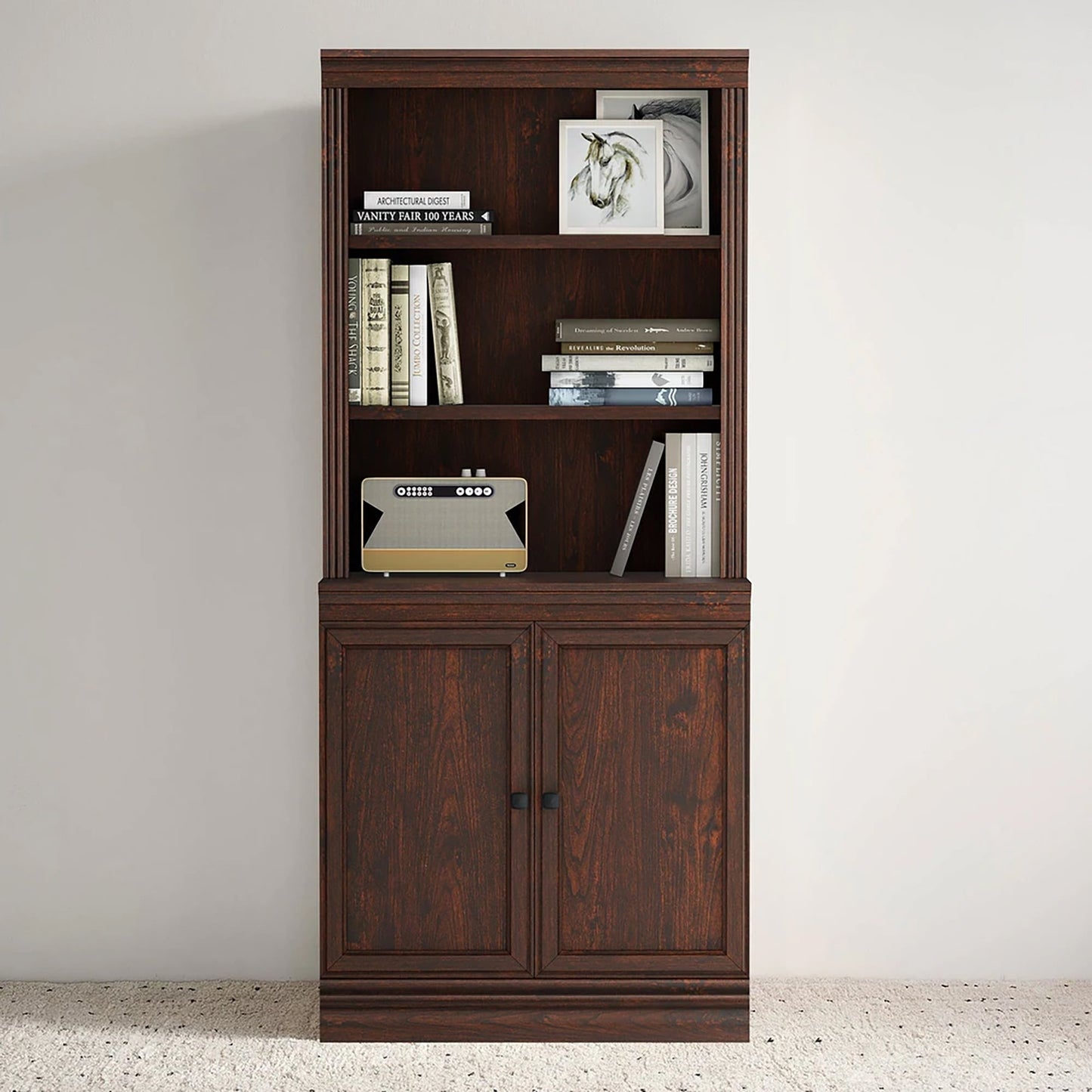VAUXHILL & CO. Halston Multi-Depth Bookcase Adjustable Shelf Unit, Doors, Cherry