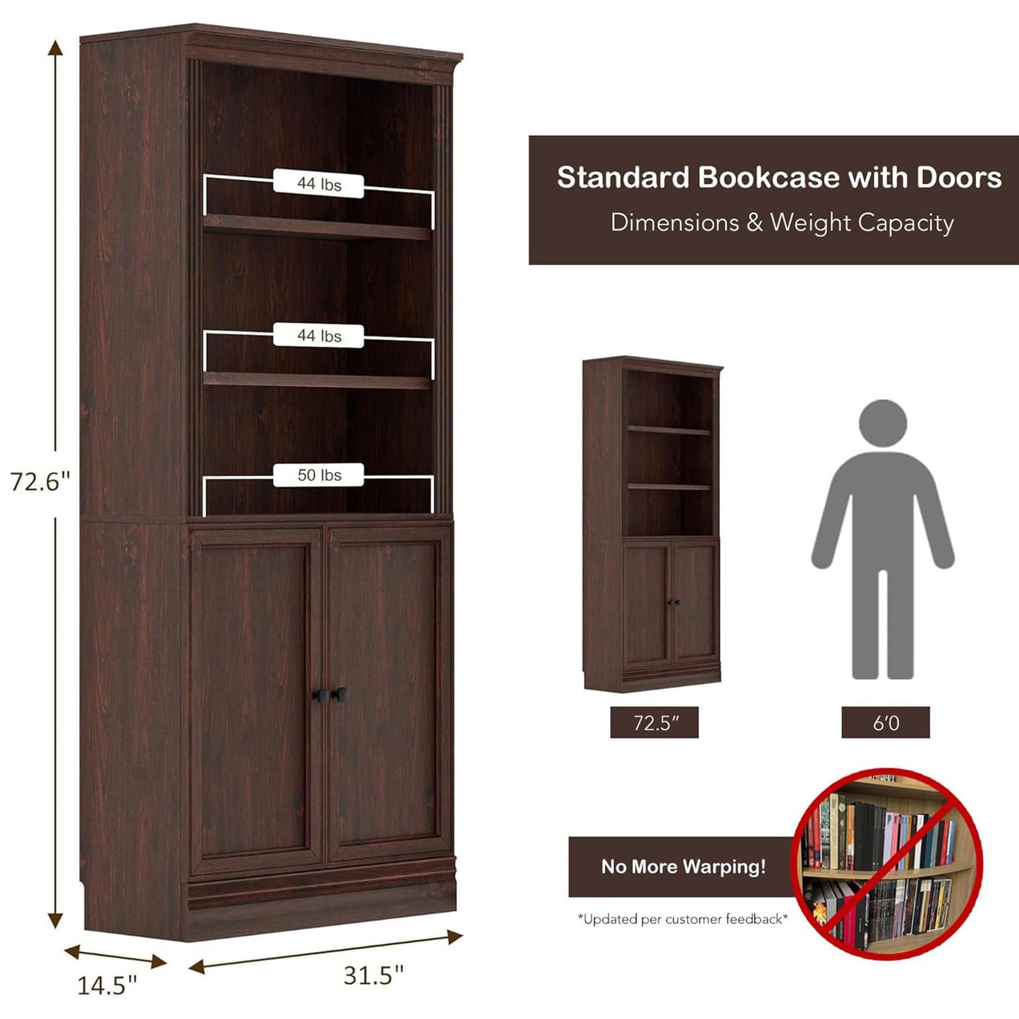 VAUXHILL & CO. Halston Standard Bookcase, Doors, Adjustable Shelf Unit, Cherry