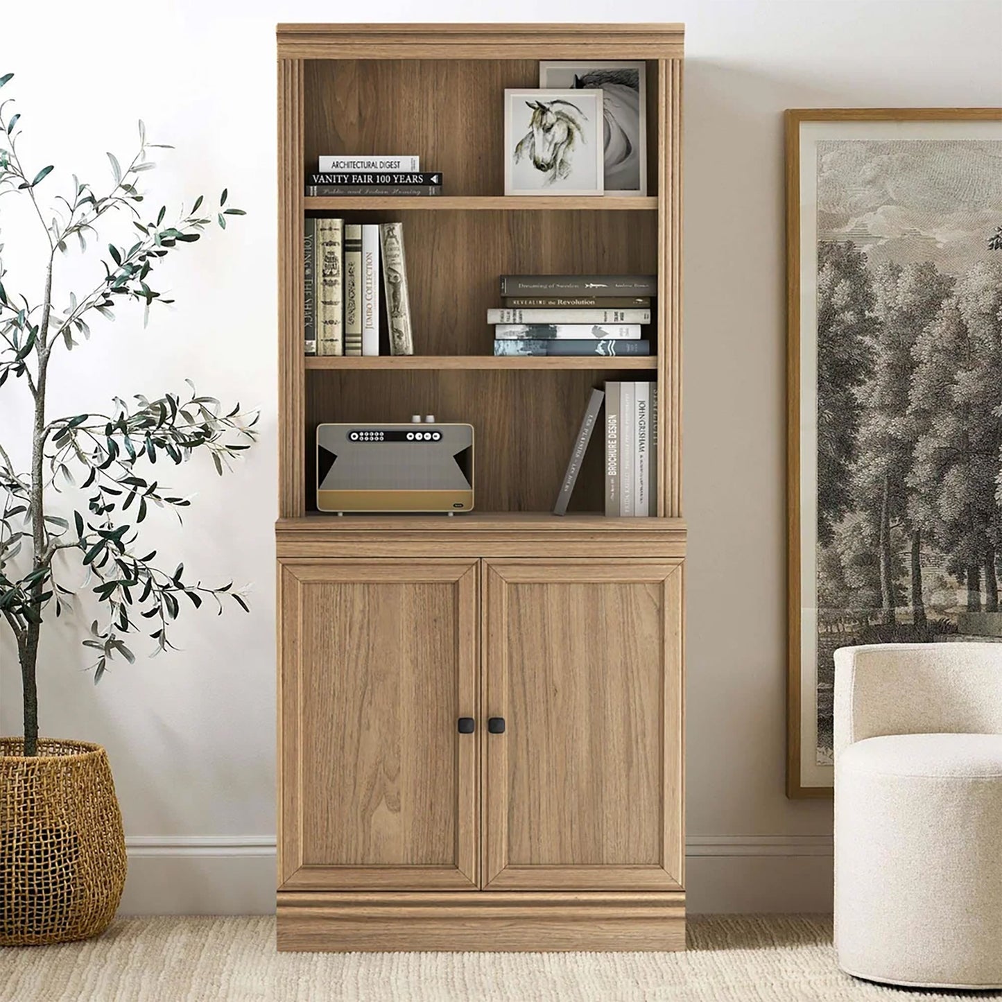 VAUXHILL & CO. Halston Multi-Depth Bookcase Adjustable Shelving Unit, Doors, Oak